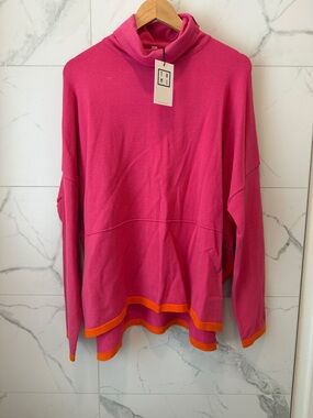 THML Hot Pink Turtleneck Sweater with Orange Stripe Hem